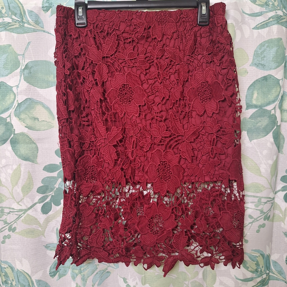 Sans Souci Deep Red Floral Lace Midi Skirt